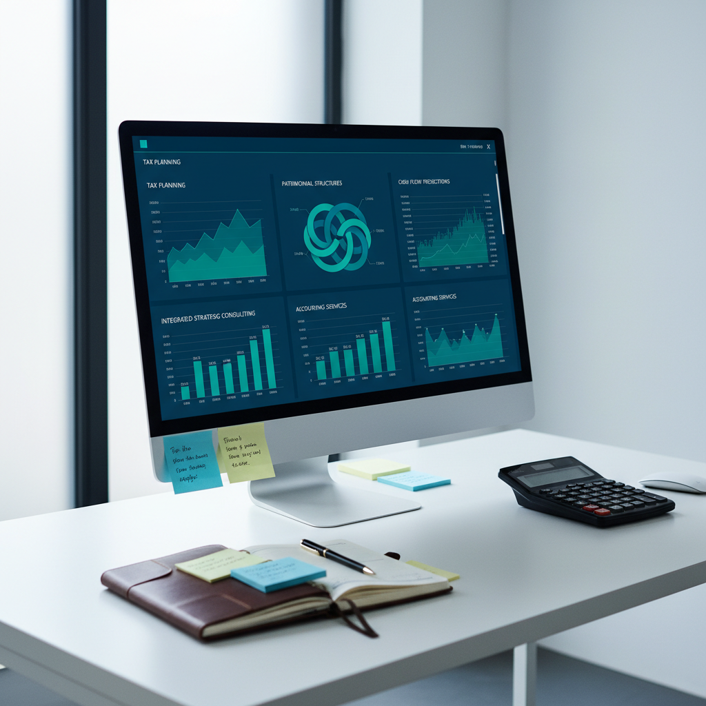 A close-up of a refined financial dashboard displayed on a large, ultra-thin monitor placed on a minimalist white desk, showing detailed graphs of tax planning, patrimonial structures, and cash flow projections in elegant blue and emerald tones. Beside the monitor lies a heavy-duty calculator, a leather-bound planner, and color-coded sticky notes with tidy handwriting. Diffused, cool office lighting and faint daylight from a side window create a balanced, shadow-free environment. The atmosphere feels analytical, calm, and methodical. Photographed from a slightly elevated angle with photographic realism, the composition follows the rule of thirds, highlighting the monitor while keeping supporting elements in soft focus, ideal for visualizing integrated strategic consulting and accounting services.