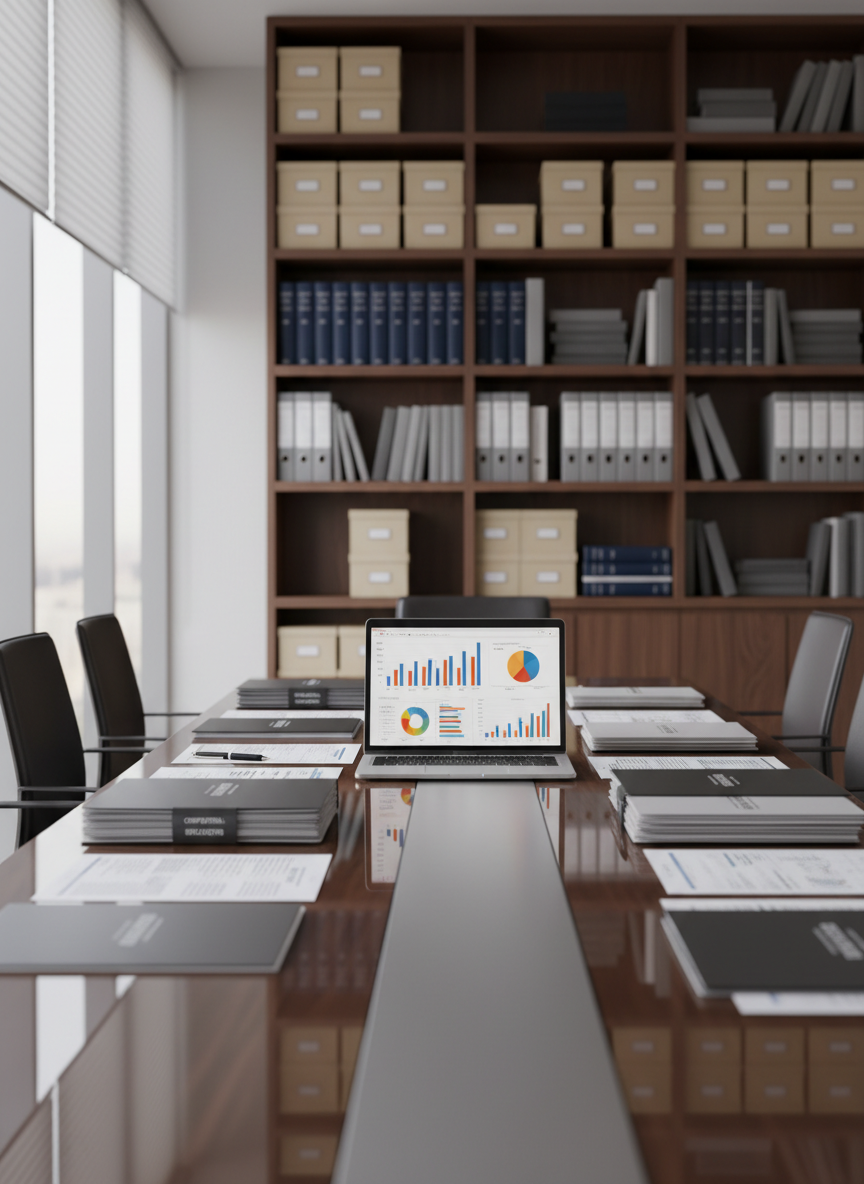 A sleek, glass-walled boardroom table crafted from dark walnut with a matte finish, covered with neatly organized financial reports, bound audit folders, and an open silver laptop showing complex bar graphs and tax charts. In the background, tall shelves display labeled archival boxes and thick accounting reference books in navy and gray tones. Soft morning daylight enters through large windows with subtle blinds, casting gentle reflections across the polished tabletop. The mood is professional, precise, and trustworthy. Captured at eye level with photographic realism, using a shallow depth of field so the foreground documents are in tack-sharp focus while the background shelves blur softly, creating a clean, modern, corporate aesthetic for a strategic accounting and consulting firm.