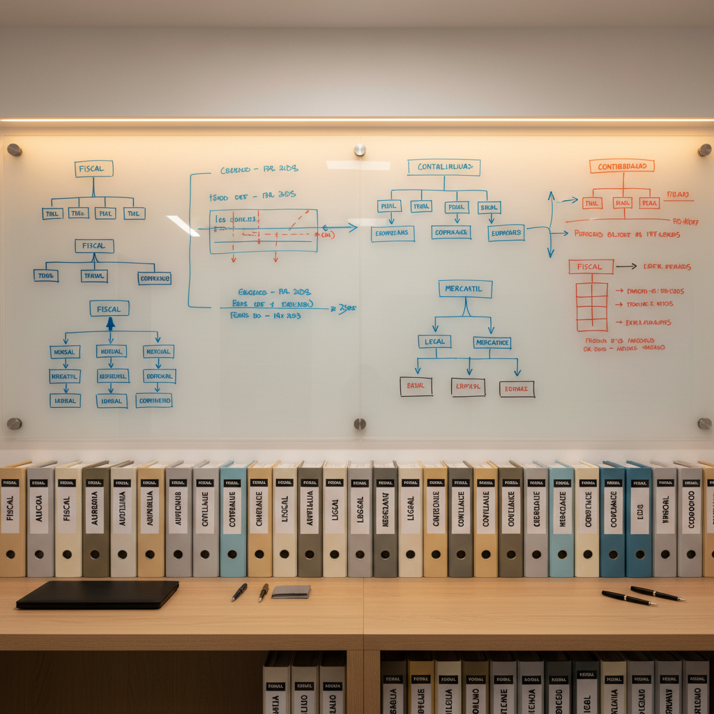 An organized tax and legal compliance workspace featuring a long, light oak counter lined with meticulously labeled binders in neutral colors, each spine printed with terms like fiscal, auditoría, contabilidad, and legal. A large wall behind the counter showcases a clean, frameless whiteboard covered with neatly drawn organizational charts and timelines. Overhead, warm recessed LED lighting creates even illumination, with gentle shadows emphasizing the textures of the binders. The mood is orderly, reliable, and serious, conveying decades of experience. Captured from a wide-angle, eye-level perspective with sharp focus across the entire scene in photographic realism, the composition highlights the structure and breadth of services offered by an integrated consulting firm.